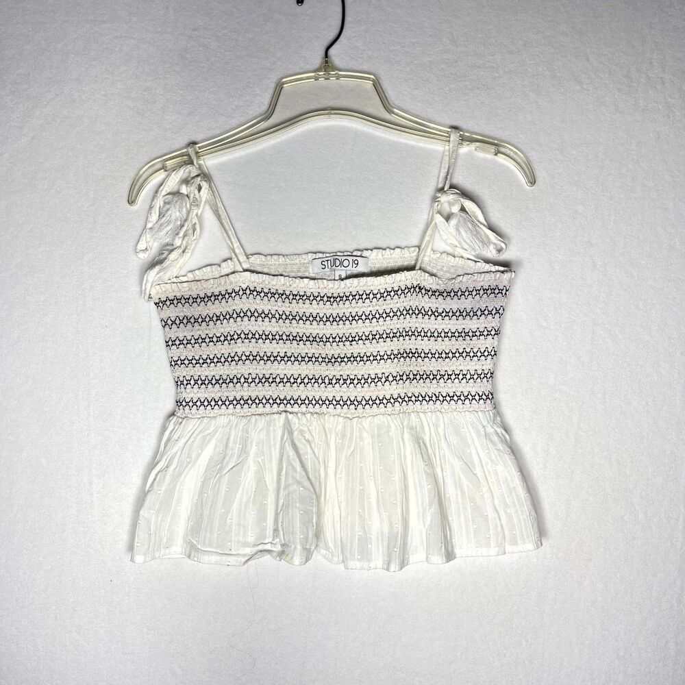 Studio 19 White Smocked Peplum Top Tie Shoulder Textured Dots Size S